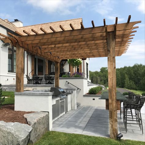 Simple Outdoor Kitchen With Pergola, Outdoor Concrete Kitchen, Farm Patio, Wood Pergola Kits, Kitchen With Bar, Creek Bridge, Modern Outdoor Living, Cedar Pergola, Outdoor Kitchen Plans