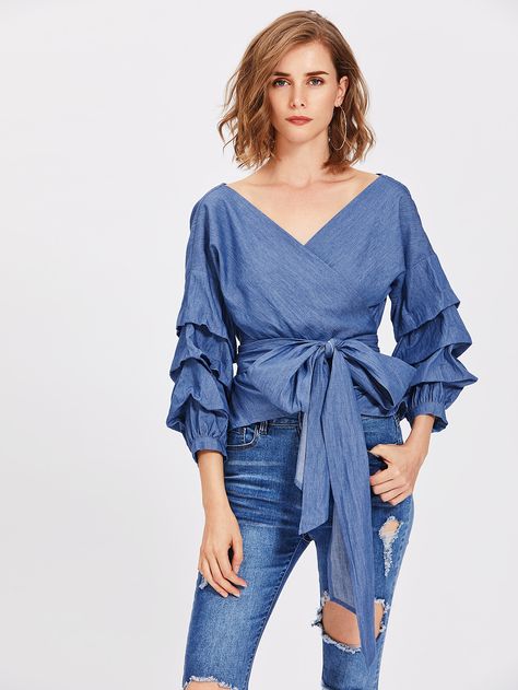 Shop Gathered Sleeve Surplice Wrap Chambray Top online. SheIn offers Gathered Sleeve Surplice Wrap Chambray Top & more to fit your fashionable needs. Jean Gown, Outfits Juvenil, Lace Blouses, Top Aesthetic, Fashion Leaders, Chambray Top, Cold Shoulder Long Sleeve, Gathered Sleeves, Elegant Blouses