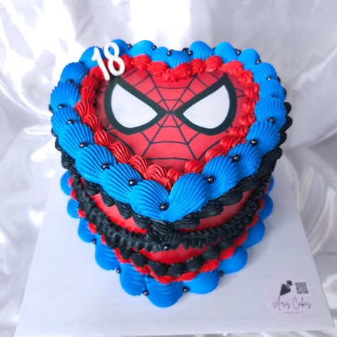 #Repost 📷 by @aris_cakes.phx: Spiderman vintage cake 🕸 @inkedibles #spiderman #spidermancake #vintagecake #heartcake #Chantilly #tendenciacake #madewithlove #superherocake #Phoenix #madewithlove #phoenixbakery Heart Shaped Spiderman Cake, Spiderman Cake Heart, X Men Cake, Birthday Cakes For 16th Birthday, Spiderman Food, Pastel Spiderman, Spiderman Aesthetic, Birthday Cake For Boyfriend, Spiderman Birthday Cake