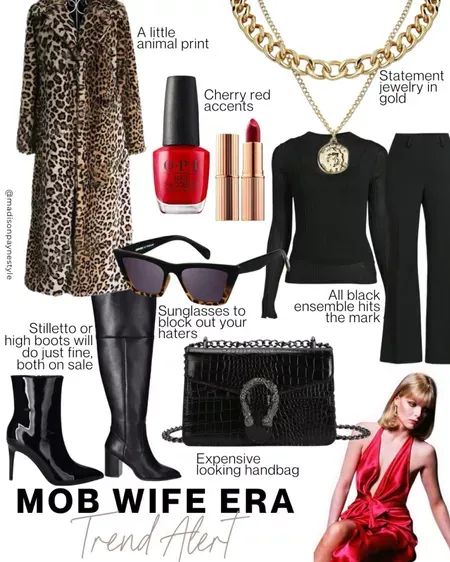 Now trending: Mob Wife Aesthetic 💄 animal print, stiletto or high boots, sunglasses, expensive looking handbag, statement jewelry, all black ensemble and cherry red accents are easy ways to achieve the look! Mob Wife, Trending, Mob Wife Era, Mob Wife Aesthetic, Madison Payne #LTKstyletip #LTKfindsunder50 #LTKSeasonal Mob Boss Wife Style, Mob Wife Jewelry Aesthetic, 70s Mob Wife Aesthetic, Mob Wife Summer, Mob Wife Accessories, Mob Outfit Women, Mob Wife Halloween Costume, Mob Wife Aesthetic Outfit Summer, Mob Wife Jewelry