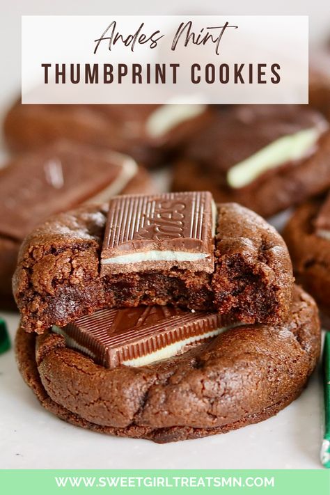 Chocolate Mint Thumbprint Cookies, Andes Mint Desserts, Mint Cookie Recipes, Mint Thumbprint Cookies, Chocolate Andes Mint Cookies, Soft Chocolate Cookies, Cookies Thumbprint, Mint Chocolate Cookies, Xmas Cookies Recipes