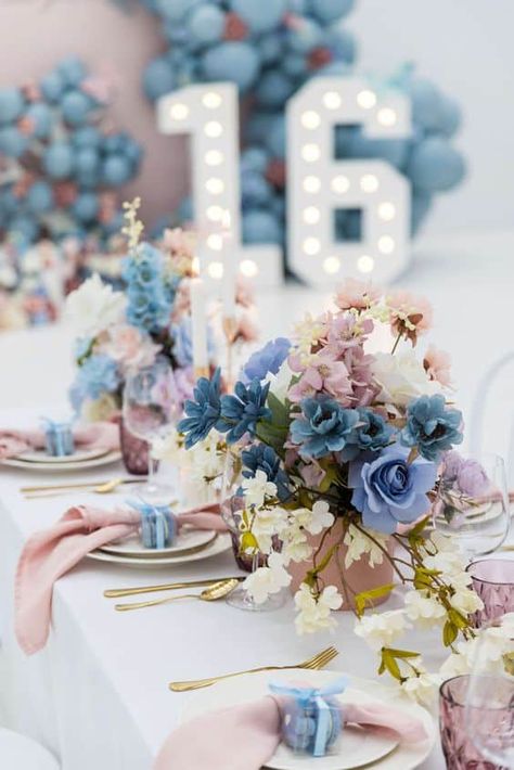 24 Sweet 16 Birthday Party Decor Ideas - Lady Celebrations Christmas Themed Quinceanera, Pink And Blue Party Decor, Blue And Pink Wedding Table Settings, Blue And Pink Decorations Party, Blue And Pink Birthday Theme, Pink And Blue Sweet 16 Themes, Sweet Sixteen Color Schemes, Blue And Pink Sweet 16, Sweet 16 Flower Theme