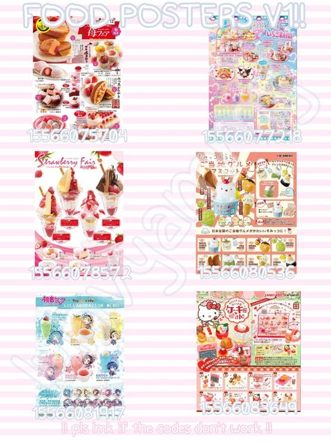 Robox Food Posters!! :3 Bloxburg Sanrio Poster Decals, Gyaru Bloxburg House, Kawaii Roblox Decals, Gyaru Decal Codes, Gyaru Codes Berry Ave, Royale High Summer Decals, Royale High Poster Decals, Roblox Poster Decals, Rh Id Codes