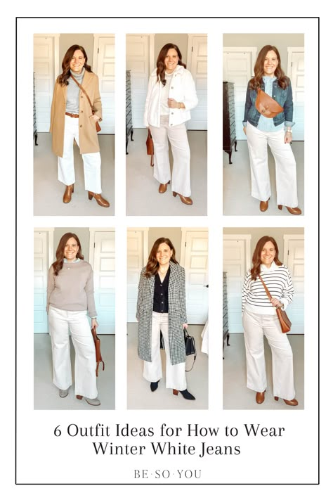 See all 14 outfit ideas for how to wear winter white jeans in colder months. See how to take your white jeans from warm weather into the cold season. Off White Pant Outfits, White Pants Autumn Outfit, Off White Pants Outfit Winter, White Winter Pants Outfit, White Pants Fall Outfit Work, White Jeans For Winter, White Pant Winter Outfit, How To Wear White Dress In Winter, Off White Jeans Outfit Winter