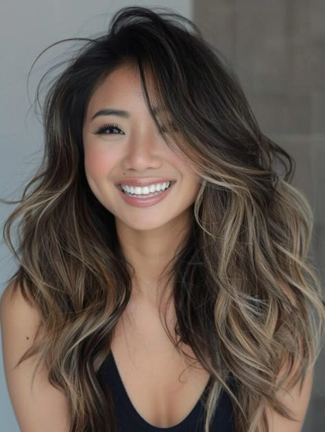 Explore Balayage Techniques for Long Hair Asian Hair Ombre Balayage, Soft Brown Fall Hair, Asian Balyage Long Hair, Beige Blonde Highlights On Dark Hair, Korean Balayage Hair, Asian Hair Color Highlights, Asian Balayage Ashy, Asian Hair Long, Asian Brown Balayage