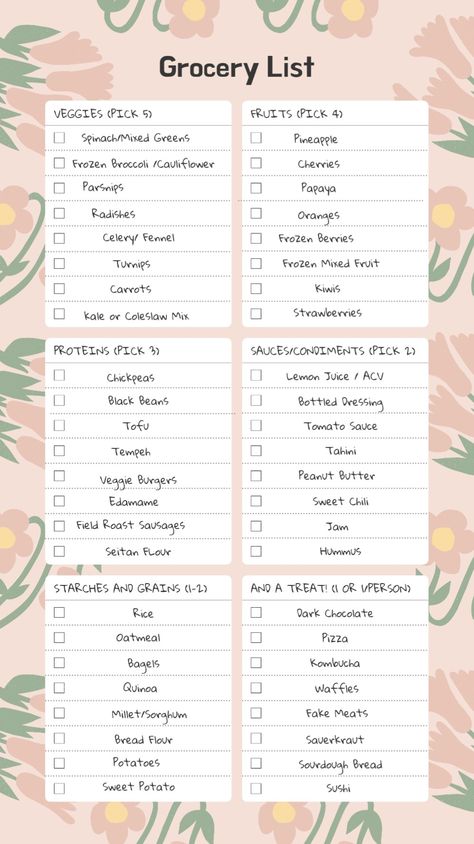 My 54321Vegan Grocery List. Sushi means the veggie rolls, and pizza refers to the Daiya ones, or another one with vegan cheese    Healthy aesthetic grocery list for that girl pink pilates princess balletcore wfpb Healthy Girl Grocery List, That Girl Grocery List, Grocery List Aesthetic, Aesthetic Grocery List, Groceries Aesthetic, Grocery Aesthetic, Aesthetic Grocery, Cheap Grocery List, Veggie Rolls