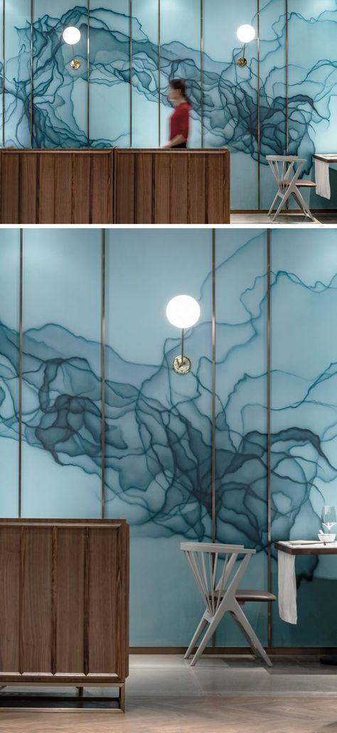 Bar Feature Wall, Restaurant Feature Wall, Pattern In Interior Design, Blue Wall Design, Glass Feature Wall, Glass Wall Panel, Blue Restaurant, Blue Reception, Glass Wall Design