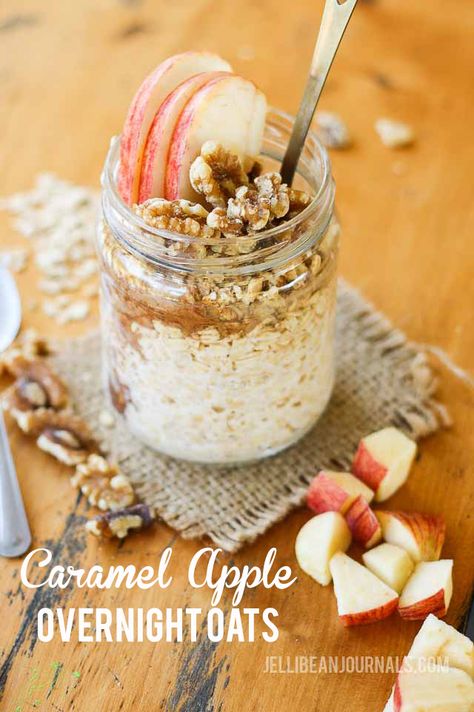 caramel apple overnight oats- jellibeanjournals.com Healthier Dinners, Apple Overnight Oats, Brunch Foods, Breakfast Oats Overnight, Oat Recipes, Oat Recipes Healthy, Overnight Oats Recipe Healthy, Overnight Oat, Overnight Oatmeal