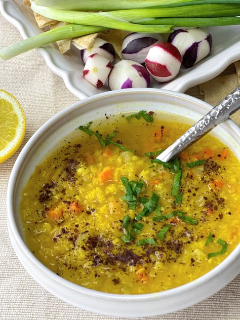 Egyptian Lentil Soup - Rana's Recipe Lemony Lentil Soup Recipe, Golden Lentil Soup, Middle Eastern Soup Recipes, Egyptian Lentil Soup, Persian Lentil Soup, Arabic Lentil Soup, Egyptian Soup, Millet Soup, International Soups