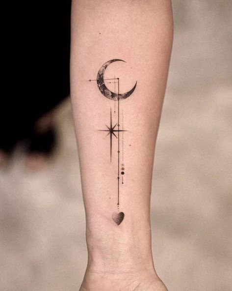 Detailed Moon Tattoo Designs, Spooky Crescent Moon Tattoo, Moon Lover Tattoo Ideas, Line Art Moon Tattoo, Stars And Moon Tattoos, Moon Memorial Tattoo, Under The Same Moon Tattoo, Moon And Start Tattoo, Moon Tattoo With Stars