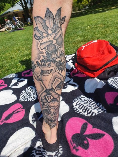 Crash Bandicoot Tattoo, Drum Tattoo, Game Tattoo, Cartoon Tattoo Ideas, Warrior Tattoo Sleeve, Lizard Tattoo, Animated Shows, Nerdy Tattoos, Fun Tattoos