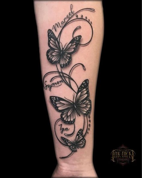 Butterfly Leg Tattoos, Butterfly Name Tattoo, Unique Butterfly Tattoos, Tattoos With Kids Names, Butterfly Tattoos For Women, Tattoo Quotes For Women, Forearm Tattoo Women, Dope Tattoos For Women, Shoulder Tattoos For Women