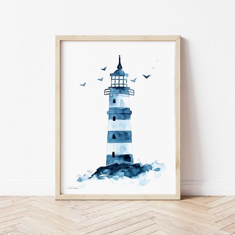 Lighthouse Watercolor Print, Coastal Wall Art, Nautical Nursery Decor, Beach House Art, Indigo Color, Navy Blue Painting, Summer Beach Poster,  ➣Framed options are framed in a Black wooden frame ➣Size options: Unframed options: 5″x7″(13x18cm) Unframed Fine art paper - shipped flat in a sturdy cardboard envelope 8″x10″(20x26cm)Unframed Fine art paper - shipped flat in a sturdy cardboard envelope 8″x12″ A4(21x30cm) Unframed Fine art paper - shipped flat in a sturdy cardboard envelope 11″x14″(28x36cm) Unframed Fine art paper - shipped in a sturdy cardboard tube  12″x16″(30x40cm) Unframed Fine art paper - shipped in a sturdy cardboard tube  16″x20″(40x50cm) Unframed Fine art paper - shipped in a sturdy cardboard tube  18″x24(46x60cm) Unframed Fine art paper - shipped in a sturdy cardboard tube Watercolor Ship Painting, Summer Watercolor Paintings, Nautical Art Painting, Blue Lighthouse, Navy Blue Painting, Coastal Art Painting, Blue Watercolor Painting, Lighthouse Watercolor, Watercolor Lighthouse