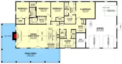 4-Bed Modern Farmhouse Barndominium Plan with Wraparound Porch - 2400 Sq Ft - 51972HZ | Architectural Designs - House Plans 4 Bed 3 Bath Barndominium, 60x40 Barndominium Floor Plans, 4 Bedroom Barndominium Floor Plans, Modern Farmhouse Barndominium, Single Story Farmhouse, Classic Home Design, Bungalow Remodel, Barn Homes Floor Plans, Wraparound Porch