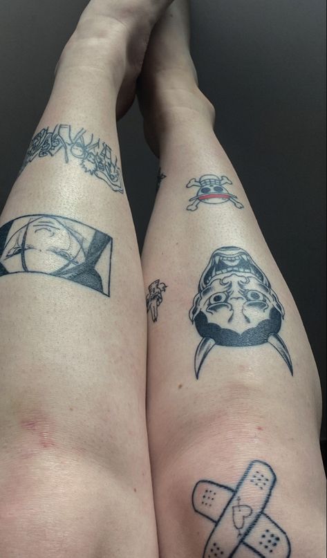 Leg Anime Tattoo, Anime Patchwork Tattoo, Anime Leg Tattoo, Band Aid Tattoo, Patchwork Leg Tattoo, Leg Tattoos Patchwork, Avatar The Last Airbender Tattoo, Tattoos Patchwork, Tattoo Patchwork