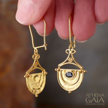 Earrings Made in Greece: Athena Gaia Greek Jewelry Greece Jewelry, Gold And Silver Earrings, Garnet Drop Earrings, Jewelry Wax, Crown Earrings, Crescent Earrings, Arrow Earrings, Greek Jewelry, Long Drop Earrings