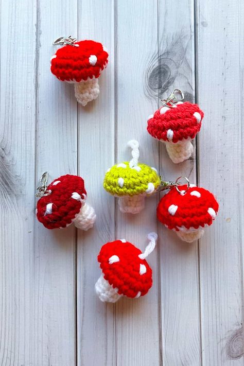 Crochet Mushroom Keychain, Mushroom Keychain, Keychain Pattern, Crochet Mushroom, Crochet Keychain Pattern, Fall Patterns, Crochet Fall, Red Yarn, Adorable Crochet