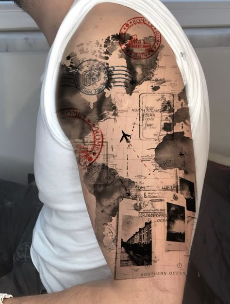 The Art of Travel: Exploring the World of World Traveler Tattoos | Aesthetic & Unique Tattoo Ideas Map Tattoos Men, World Map Tattoo Sleeve, Travel Sleeve Tattoo, Nautical Map Tattoo, Map Tattoo Sleeve, Travel Tattoo Men, Travel Tattoo Sleeve, World Travel Tattoos, World Map Tattoo