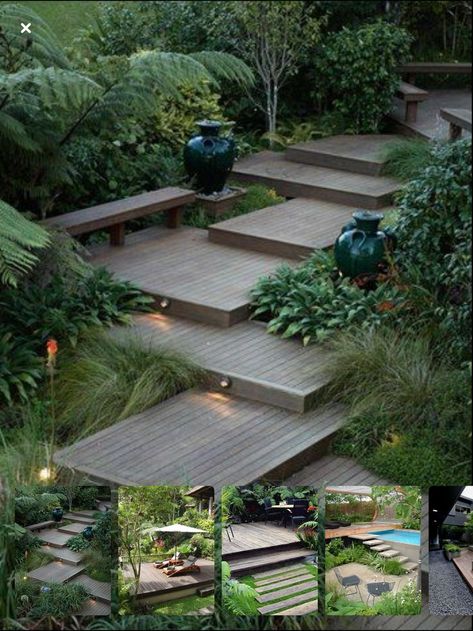 Backyard Lighting Diy, Landscaping Lighting, Garden Decks, Plant Foliage, Landscape Stairs, Solar Lighting, Garden Stairs, Deck Designs Backyard, Sloped Garden