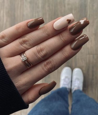 Uñas Aesthetic, Holiday Acrylic Nails, Brown Nails Design, Girly Acrylic Nails, French Tip Acrylic Nails, Thanksgiving Nails, Brown Nails, Heart Nails, French Tip Nails