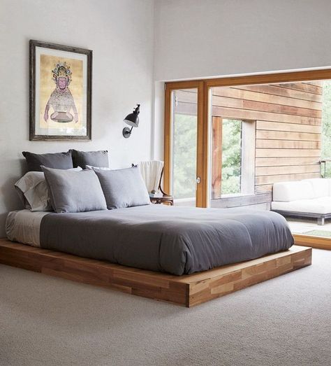 Platform Bed Ideas Bedrooms, Floor Bed Ideas, Low Floor Bed, Platform Bed Ideas, Bed On The Floor, Low Platform Bed, Low Bed Frame, Platform Bed Designs, Floor Bed Frame