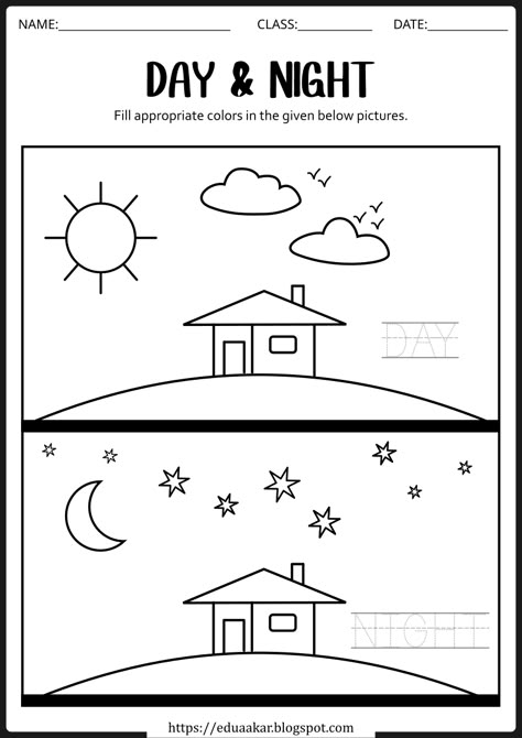 Day and Night - Draw and Trace Worksheet Night And Day Worksheet, Day And Night For Kindergarten, Teaching Day And Night, Day And Night Activities Preschool Worksheets, Day Vs Night Preschool Activities, Day Night Craft, Day And Night Kindergarten Activities, Day And Night Anchor Chart, Day And Night Worksheets Kindergarten