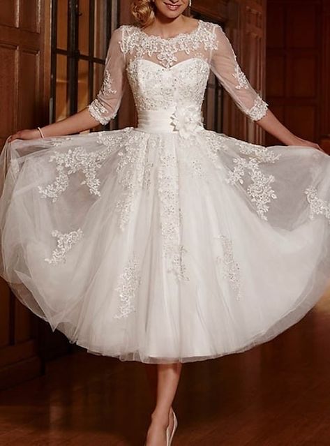 Jeweled Wedding Dress, Wedding Dresses A Line, Tea Length Wedding, Cheap Wedding Dresses Online, Tea Length Wedding Dress, Lace Bridal Gown, Shower Dresses, Vestidos Vintage, Linnet