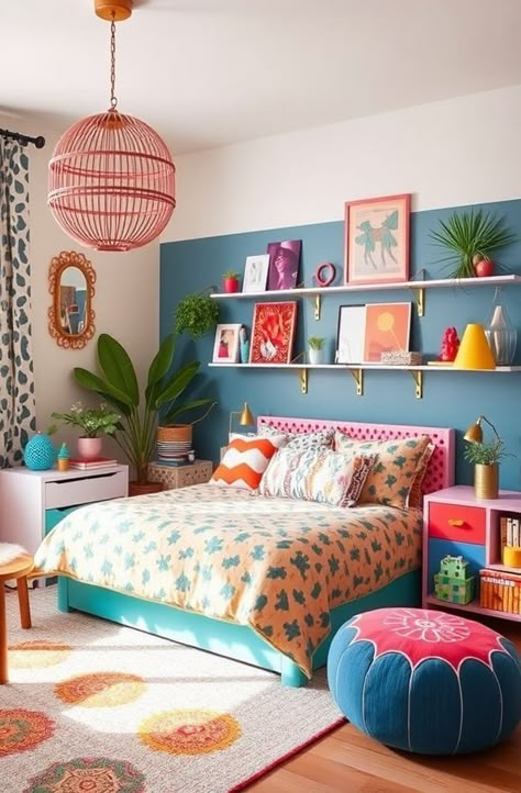 Decorate Small Rooms Bedrooms, Bright Decor Bedroom, Pop Of Color Decor Ideas, Bright Accent Wall Bedroom, Bright Room Colors Bedrooms, Fun Bedroom Decor Ideas, Colourful Guest Bedroom, Bright Eclectic Bedroom, Color Pop Interior Design