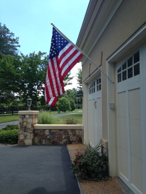 American Flag Outdoor Decor, American Flag Pole Landscaping, American Flag On House Exterior, Flag In Front Of House, Flag Pole Ideas, American Flag On House, Flag On Porch, Flag On House, Flag Pole Landscaping