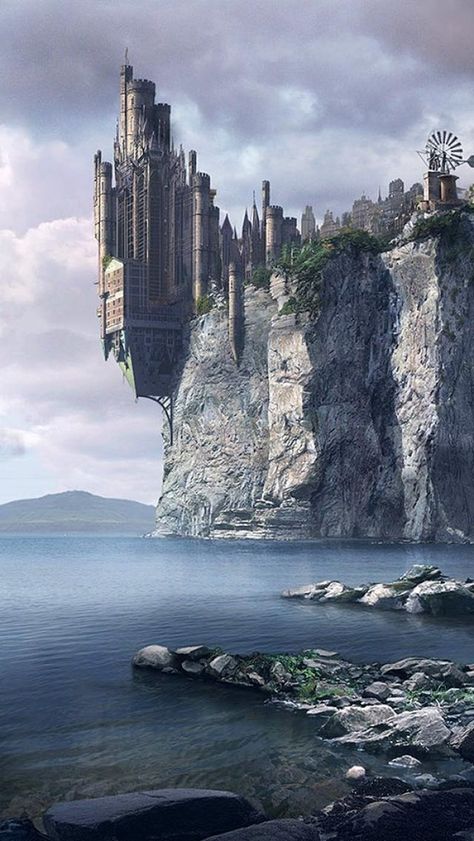 Edge of a city  castle it sits high on a cliff and hangs above the wild ocean hidden by clouds Architecture Gallery, Future Architecture, Autocad Blocks, Fantasy City, Fantasy Castle, Fantasy Setting, Fantasy Places, Beautiful Castles, A Castle