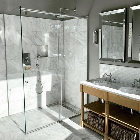 Claire Murray on Instagram: “En-suite grey bathroom with Fried Earth East Hampton marble tiles and Neptune Edinburgh double vanity unit washstand.  Walls painted in Little Greene Lead Colour”  Click on the image to see more from Claire Murray Interiors ... Neptune Vanity Unit, Neptune Bathroom, Bathroom Main, Classic Bathroom Design, Double Vanity Unit, Grey Bathroom, Classic Bathroom, East Hampton, Grey Bathrooms