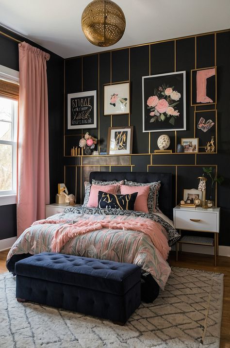 30 Small Bedroom Ideas For Teen Girls Pink Teen Girl Bedroom, Gold Girls Room, Teen Girl Bedroom Designs, Small Teen Bedroom, Modern Teen Bedrooms, Fairy Lights Room, Black Walls Bedroom, Girl Room Inspiration, Cozy Lighting