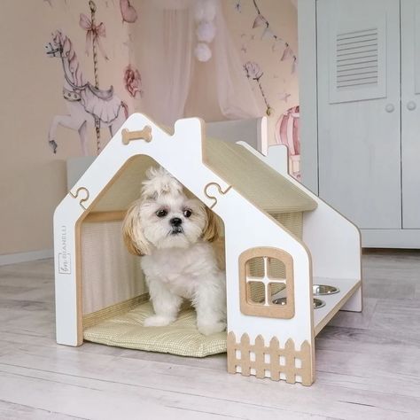 Make your fur pets happy with this Gabled Modern Dog House Pet Dog Bed,  Crate Kennel Wood Dog House with Dogs Feeding Bowls! High quality at affordable price, enjoy FREE SHIPPING + 20% DISCOUNT on all items! Buy now! Cute Indoor Dog House, Dog House Small Dogs, Crate Dog Bed, Safe Painting, Dog Bed Crate, Small Dog House, Wood Dog House, Bed Crate, Dog Feeding Bowls