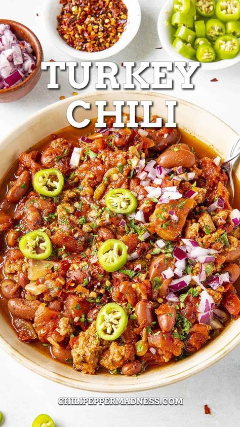 Real Deal Turkey Chili served in a big bowl Best Turkey Chili Recipe, Types Of Chili, Best Turkey Chili, Spicy Turkey Chili, Turkey Chili Recipe Easy, Healthy Chili Recipe Turkey, Turkey Chilli, Ground Turkey Chili, Turkey Chili Healthy