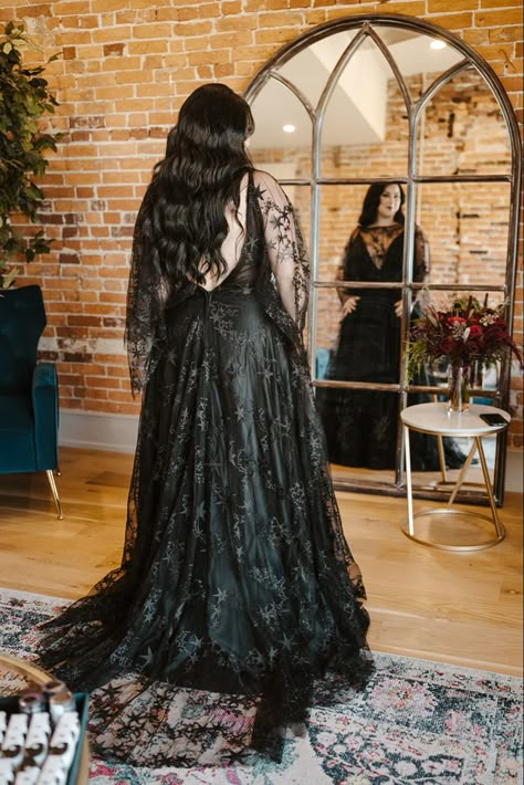 Beautiful simple celestial black wedding dress 💫🖤🪐and soft glam waves. Still not over this dress 🥲 little Emo me is screaming Black Wedding Dress Mid Size, Vintage Goth Wedding Dress, Black Gothic Wedding, Black Celestial Wedding Dress, Black Wedding Dress Boho, Plus Size Black Wedding Dresses, Black Elopement Dress, Moon Wedding Dress, Black Boho Wedding Dress