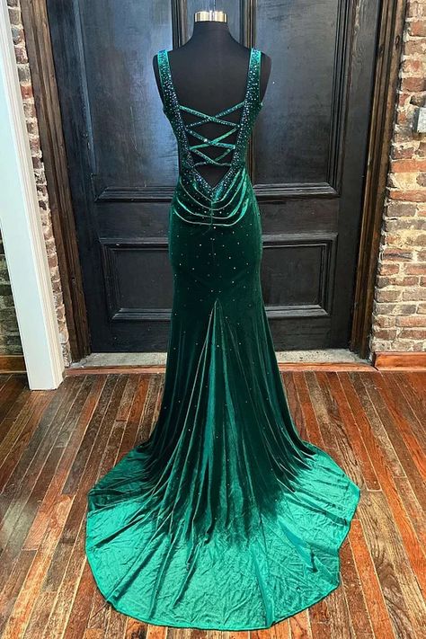 Emerald Velvet, Dress With Rhinestones, Dark Green Velvet, Prom Dresses Long Mermaid, Long Formal Dress, Mermaid Fashion, Mermaid Prom Dresses, Long Prom Dress, Green Velvet