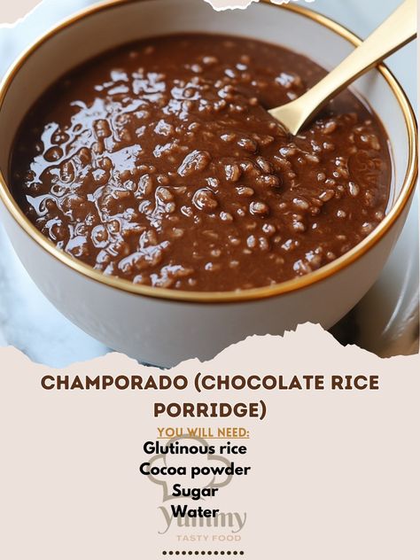 🍫🍚 Indulge in the rich, chocolatey goodness of Champorado, a Filipino breakfast favorite! 😋 #Champorado #ChocolateLovers Champorado (Chocolate Rice Porridge) Ingredients: Glutinous rice (1 cup) Cocoa powder (1/2 cup) Sugar (1/2 cup) Water (4 cups) Milk (for topping) Salt (a pinch) Instructions: In a pot, combine glutinous rice and water. Cook over medium heat, stirring occasionally until the rice is soft. Dissolve cocoa powder in a bit of hot water and add to the pot. Stir until well mixe... Champorado Filipino, Champorado Recipe, Filipino Breakfast, Filipino Foods, Rice Porridge, Glutinous Rice, Filipino Recipes, Cocoa Powder, Chocolate Lovers