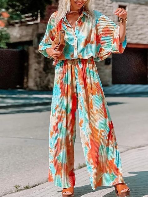 Amazon.com: SANHECUN Jumpsuits for Women 2024 Short Sleeve V Neck Button Belted Wide Leg Loose Fit Casual Boho Style Rompers Jumpers (Rainbow, M) : Clothing, Shoes & Jewelry Loose Fit Jumpsuit, Casual Boho Style, Pleated Jumpsuit, Spring Outfits Dresses, Tie Dye Jumpsuit, Off Shoulder Romper, Rainbow Tie Dye, Loose Jumpsuit, Pleated Shirt