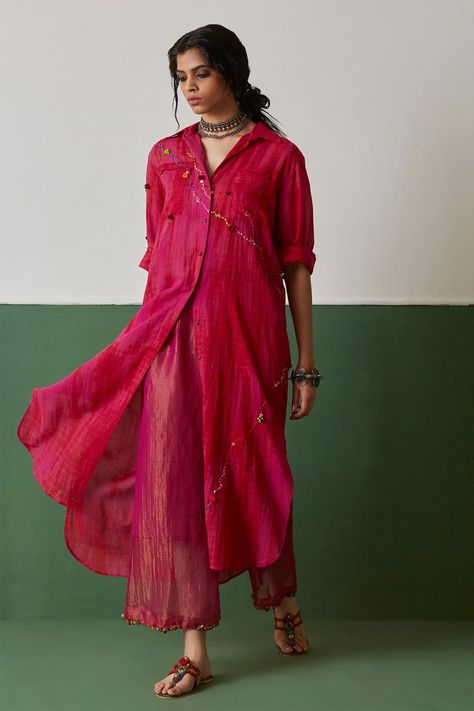 Buy Medha Pink Cotton Embroidered Shirt Tunic Online | Aza Fashions Embroidery Abstract, Kurta Palazzo Set, Print And Embroidery, Abstract Shirt, Kurta Patterns, Abstract Embroidery, Kurti Designs Latest, Cotton Kurti Designs, Salwar Kamiz