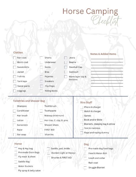 Horse Camp Packing List, Horse Show Packing List, Horse Checklist, Horse Camping Hacks, Horse Show Checklist, New Horse Owner Checklist, Horse Camping Checklist, Horse Show Packing List Equestrian, Camping With Horses Checklist