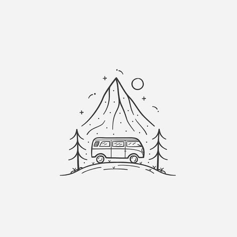 Camper Drawing, Happy Camper Sign, Travel Tattoo Ideas, Follow The Light, Travel Tattoos, Mountain Drawing, Doodle Tattoo, Passport Stamps, Travel Drawing