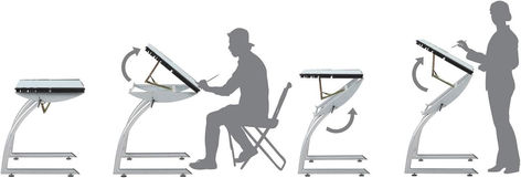 An adjustable drafting table showcased in different positions with silhouette figures: flat for a classic desk setup, tilted for drawing, a sitting position, and raised for standing work. Stand Up Workstation, Artist Stool, Home Computer Desk, Computer Desks For Home, Traditional Desk, Ergonomics Furniture, Drafting Table, Drawing Table, Stand Up Desk