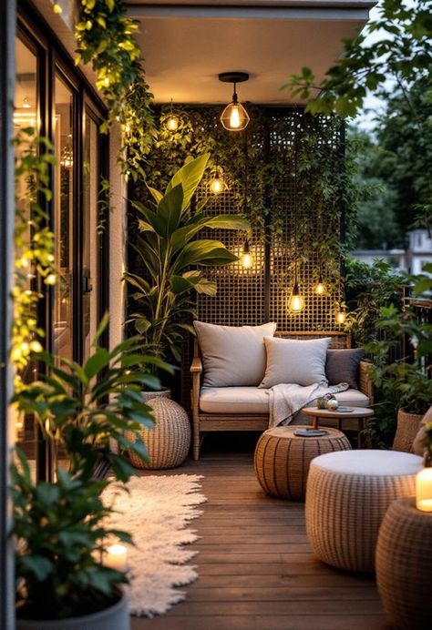 How to Decorate a Balcony for Relaxation - Amazing Casa Bohemian Balcony Ideas, Decorate A Balcony, Tall Potted Plants, Cozy Balcony, Bamboo Screening, Fairy Lanterns, Outdoor Balcony, Comfortable Furniture, Balcony Furniture