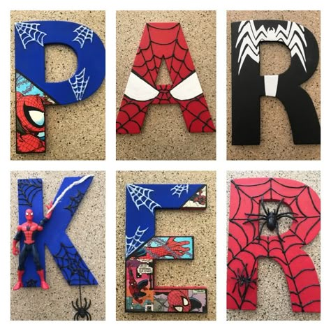 Spiderman Room Decor Ideas, Spiderman Nursery Ideas, Spiderman Nursery, Diy Spiderman Bedroom Decor, Diy Spiderman Room Decor, Spider Man Nursery, Diy Spiderman Decorations, Spider Man Letters Diy, Spider Man Letters