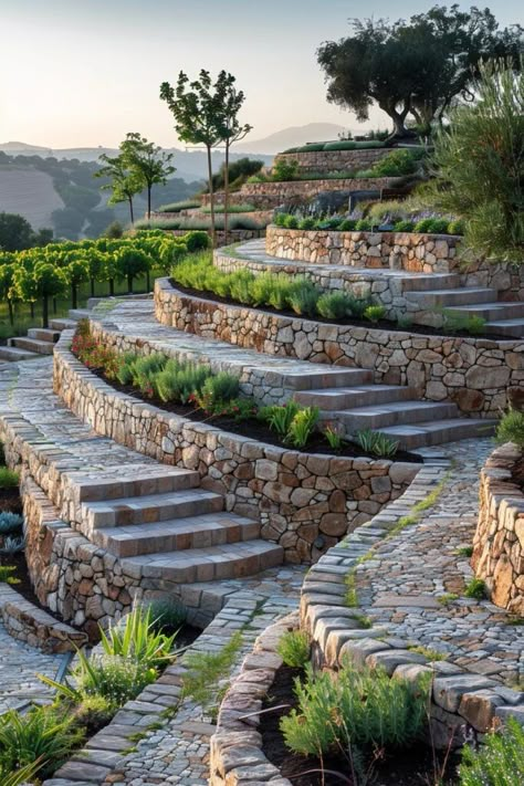 Hillside Terracing Solutions Stone Terraced Garden, Curved Retaining Wall Ideas Hillside, Retaining Wall Steep Slope, Sloped Landscape Ideas, Terracing A Hill Sloped Yard, Tiered Retaining Wall Ideas Hillside, Landscape Retaining Wall Ideas, Garden Design On A Slope, Steep Slope Landscaping Ideas