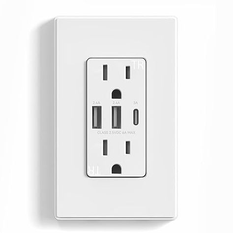 ELEGRP 3-Port USB C Wall Outlet, 30W 6.0A Electrical Outlet, Tamper-Resistant with USB C Ports, UL Listed, Screwless Wall Plate, Matte White - Amazon.com Usb Outlet, Wall Outlet, White Minimalist, Wall Outlets, Cabinet Lighting, Electrical Outlets, Wall Plate, Business Tools, Medical Supplies