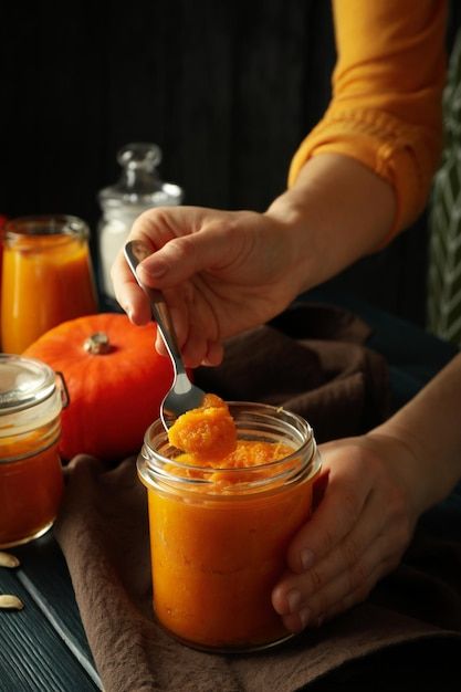 Concept of tasty food with pumpkin jam | Premium Photo #Freepik #photo #marmalade #jam #autumn-food #pumpkin-spice Food With Pumpkin, Marmalade Jam, Pumpkin Jam, Photo Concept, Tasty Food, Marmalade, Gnocchi, Hot Sauce Bottles, Premium Photo