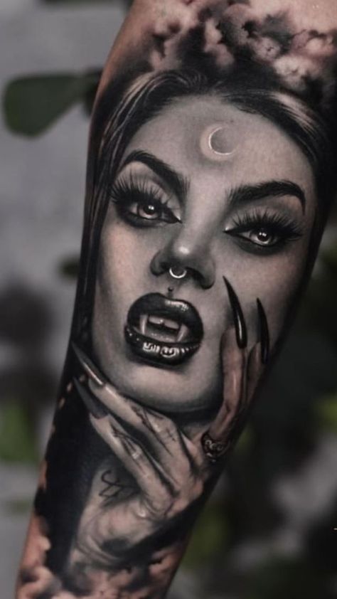 Vampire Realism Tattoo, Vampire Tattoo Designs Men, Vampire Woman Tattoo, Vampire Tattoo For Women, Evil Woman Tattoo, Demon Tattoo Female, Vampire Girl Tattoo, Female Demon Tattoo, Demon Woman Tattoo