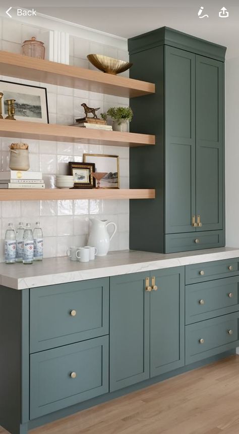 Kitchen Dye Ideas, Green Shaker Style Kitchen, Copenhagen Kitchen Design, Kitchen Cabinets Add On, Soft Kitchen Colors, Green Kitchen White Worktop, Pops Of Color Kitchen, Duo Tone Kitchen Cabinets, Kitchen Colours Combinations