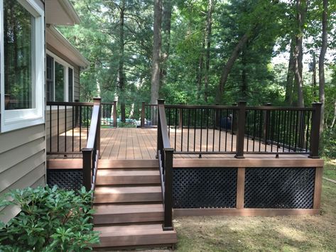 Deck Ideas Back Of House, Add Deck To Front Of House, Raised Decks Backyard, Back Deck With Railing, Duplex Deck Ideas, Deck Ideas Small Backyard, Double Deck Outdoor Patio, Backyard Deck And Pool, Deck Off Back Of Ranch House